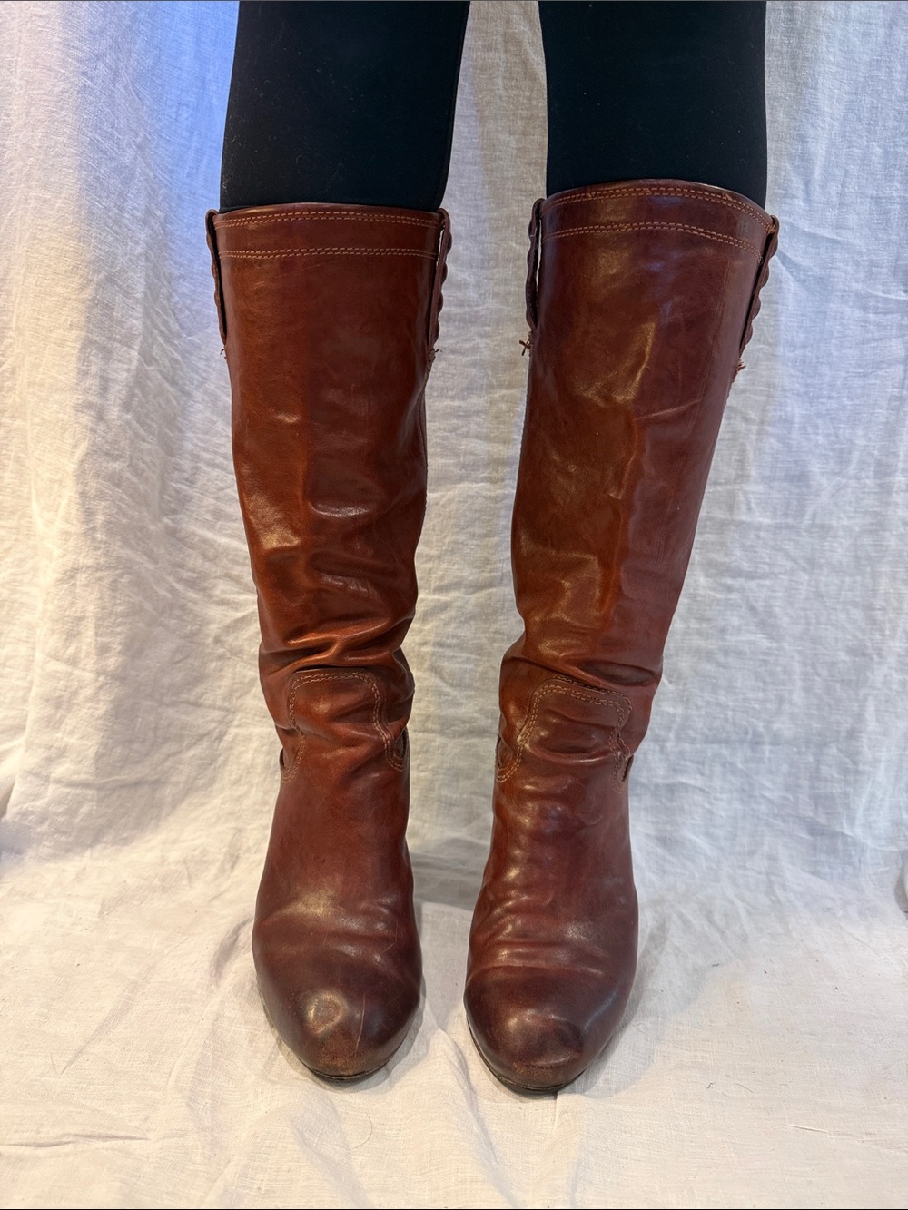 Frye Miranda Stud Tall Leather Boots in Chestnut Brown size 7.5